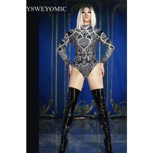 Sparkly Silver Rhinestones Shining Bodysuit Womens Birthday Celebrate Outfit DJ Singer Show Dance Stretch Outfit Jumpsuit