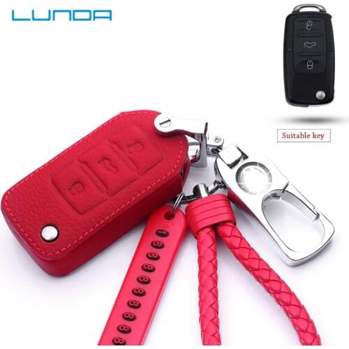 2020Red Cowhide leather Car key case for Volkswagen Golf7 B8 Bora Beetle Passat PoloSagitar Laiyi TiguanL Magotan Metal key ring