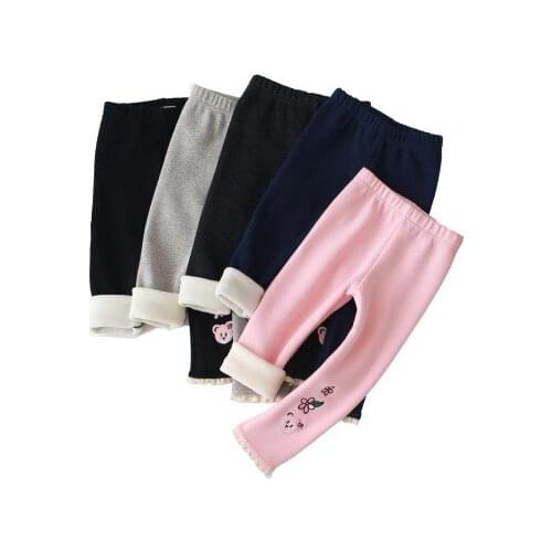 Kids Girl Winter Outfit Fleece Added Leggings Baby Cartoon Embroidery All-match Warm Pants Children Trousers Outwear 2 4 6 8 Yrs