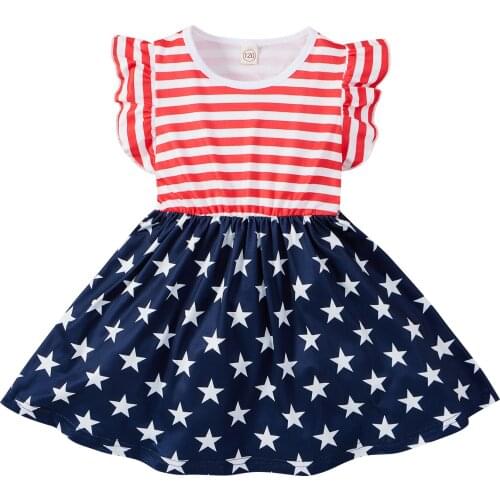Kids Dress, Independence Day Star Strip Print Round Neck Fly Sleeve Princess Gown for Summer, 6 Months-4 Years 6M-4T