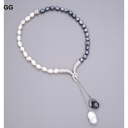 GuaiGuai Jewelry Classic 19" Natural Black White Keshi Baroque Pearl Necklace Baroque Pearl CZ Paved Pendant For Women