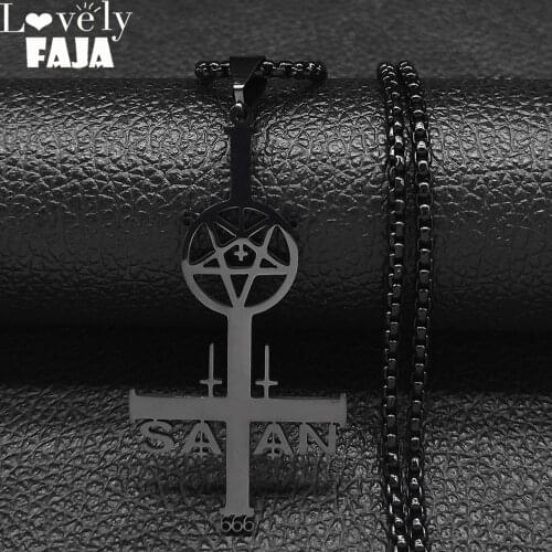 Stainless Steel Satan Inverted Pentagram Cross Necklace Black Color Long Chain Necklaces Jewelry acier inoxydable N4413S03