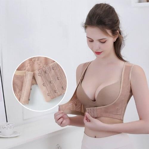 Women Chest Brace Up Posture Corrector Shapewear Top Compression Bra Back Support Front Closure Mesh Criss-Cross Vest Underwear