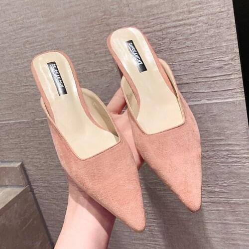 2021 Summer Fashion High Heels Solid Mules Leather Shoes for Women Indoor Outdoor Office Slippers Sexy Ladies Slides Sexy Mules