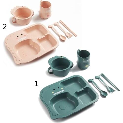 6Pcs/ Set Baby Cartoon Dinosaur Tableware Childrens Dinnerware Set Home Anti-hot Wheat Straw Training Plate Kids Feeding Dishes