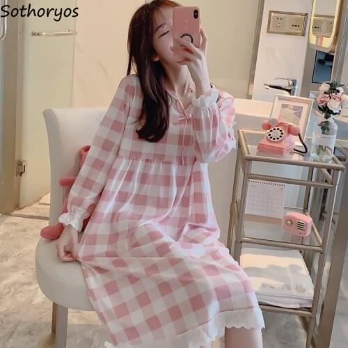 Nightgowns Women Plaid Sweet Bow Knot Collar Mid-long Sleepshirt for Girls Homewear Breathable High Quality Soft Fashion Korean