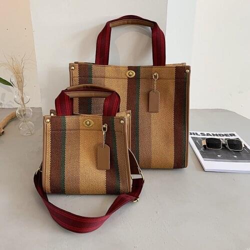 2021 New Thick Striped Linen Canvas Shopper Tote Handbag Top Handle Lady Bag