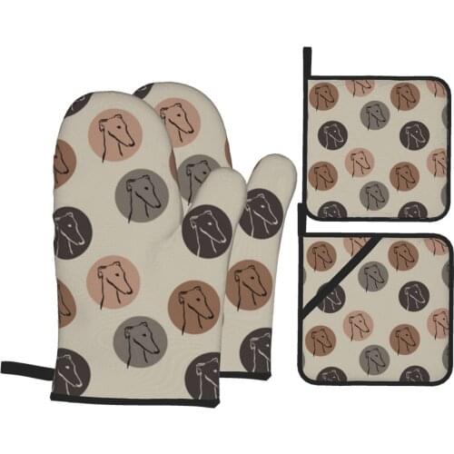 4Pcs Oven Mitts And Pot Holders 3D Greyhound Dog Heat Resistant Cooking Gloves Long Waterproof BBQ Kitchen Quilted Dropshipping
