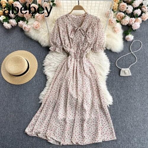 Women French Floral Dress Sweet Puff Sleeve V Neck A-line Dresses Summer Bohemian Print Casual Vacation Dress