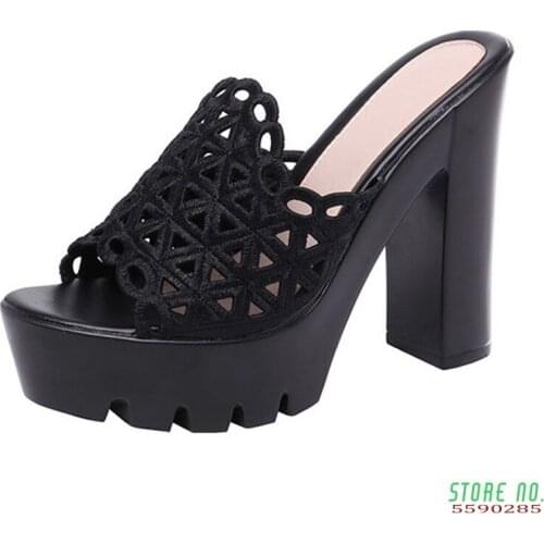 Big Size Hollow Head Gold Black Block Heels Slippers New Fashion Open Summer Shoes Womens Platform High Heels Slippers