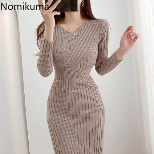 Nomikuma Korean Style Knitted Bodycon Dress Women Slim Fit V Neck Solid Color Vintage Dresses Long Sleeve New Arrival Robe Femme