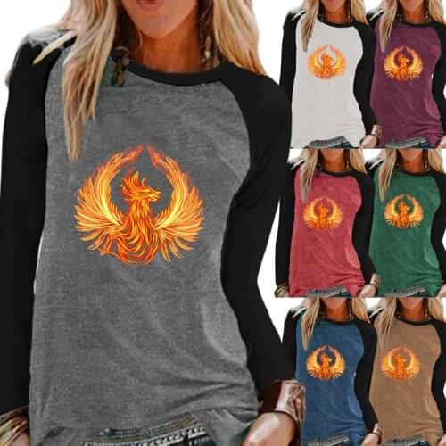 New Ladies Autumn Leisure Fashion Phoenix Printing Long-sleeved Shirt Round Neck Contrast Color Pullover T-shirt XS-5XL