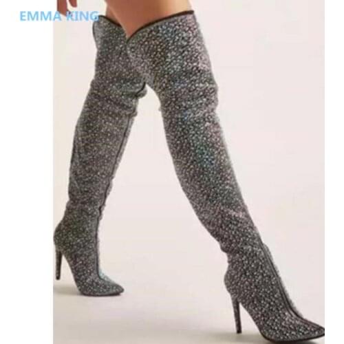 Runway Fashion Ladies Boots High Heels Luxury Crystal Studded Party Shoes Pointed Toe Stiletto Heel Women Over Knee High Boots