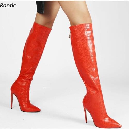 Rontic New Handmade Women Winter Knee Boots Croc Zipper Stiletto Heels Pointed Toe Beige Purple Red Dress Shoes US Size 5-15