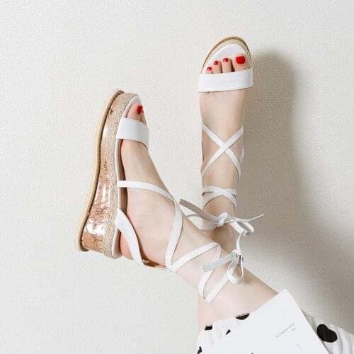 BaoYaFang 2020 New Arrival White/Black Summer Sandals Woman Open toe Wedges girls party dress shoes Lace-Up Sandals Big size 43