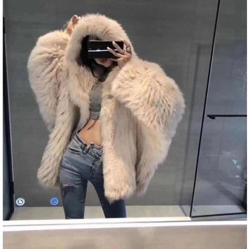 2021 Women Autumn Winter New Faux Fox Fur Hooded Coats Female Loose Imitation Fur Jackets Ladies Solid Color Warm Outwear M625