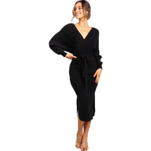 Women Elegant Deep V Neck Long Sleeve Midi Knitted Dress Autumn Winter Side Split Bandage Wrap hip Slim Dress Sexy Tunic Vestido