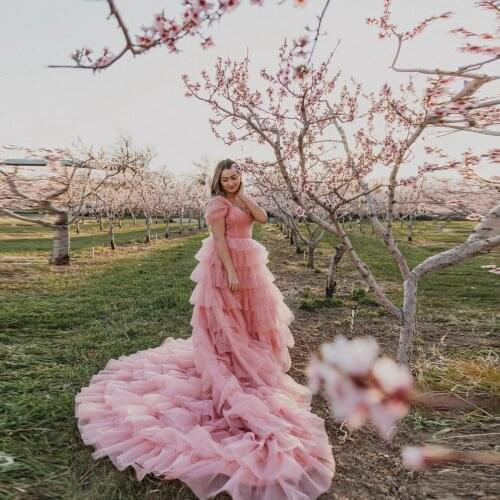 Pink High Quality Women Dress Sweetheart A-line Floor Length With Train Ruffles Tulle Dress Woman Photography Custom Made