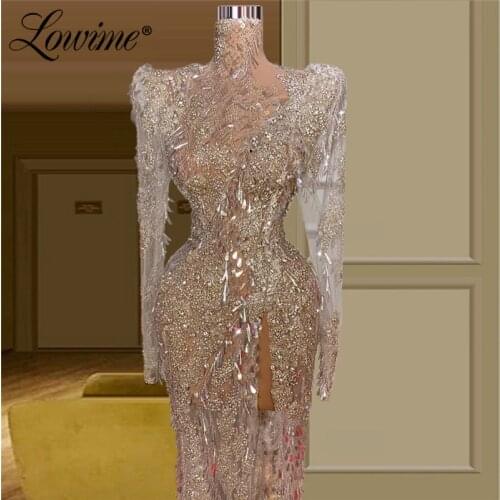 Lowime See Through Beading Evening Dresses Hot Sexy Long Sleeves Mermaid Party Gowns 2021 Custom Made Sequins Prom Dress Robes