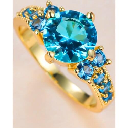 Vintage Female Aqua Blue Crystal Stone Jewelry Charm Gold Color Thin Wedding Rings For Women Luxury Round Zircon Engagement Ring