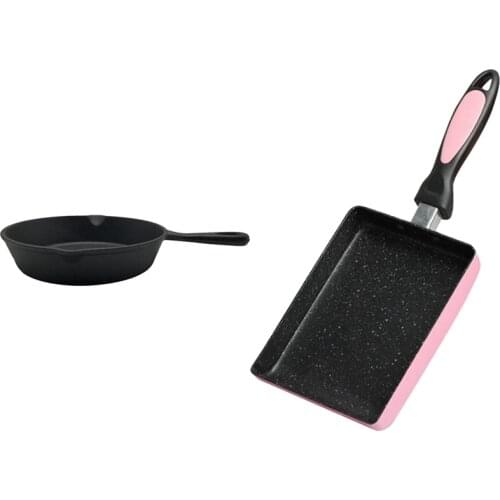 1 Pcs Mini Not Sticky Casting Iron Pan Stone Layer Frying Pot 16cm Black & 1 Pcs Japanese Omelette Pan Pink