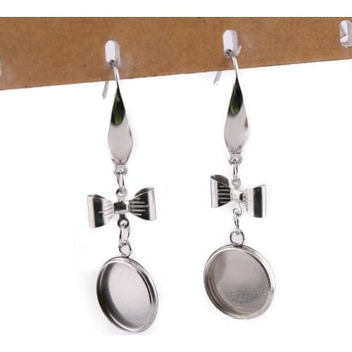 Onwear 10pairs stainless steel bow cabochon earring base 12mm dia blank earrings bezel tray diy earring hooks for jewelry making