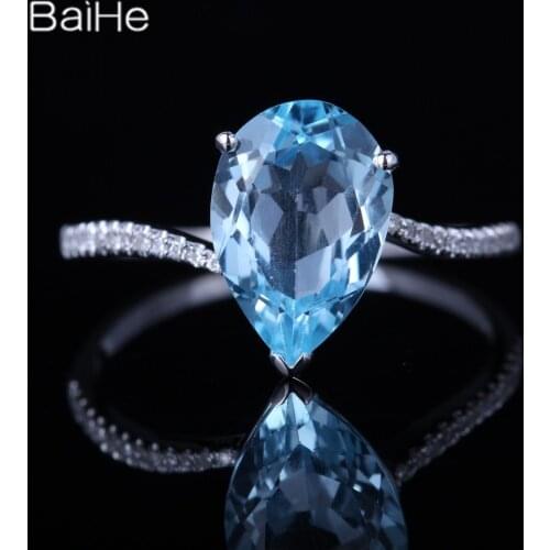 BAIHE Solid 14K White Gold 3.13CT Pear Flawless Genuine Blue Topaz Engagement Wedding Gift Women Fine Jewelry Blue Topaz Ring