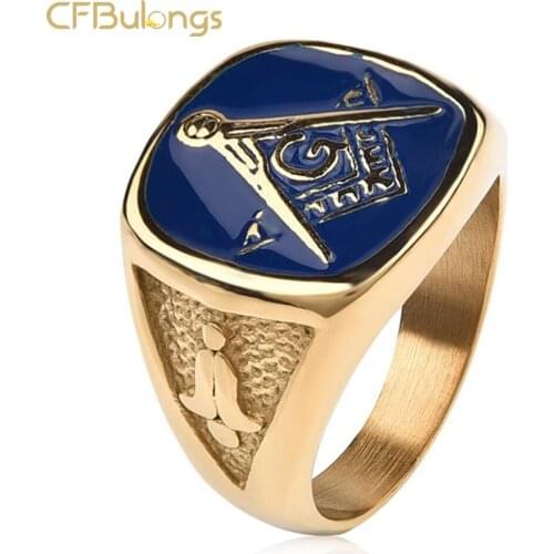 CFBulongs Vintage Blue Masonic AG Badge Mens Ring 316L Stainless Steel Punk Rock Music Biker Finger Ring Men Jewelry