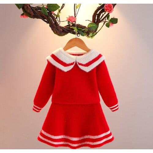 Childrens Knitted Skirt for Kids 2020 Full Winter New Wear Navy Collar Preppy Style Pleated Skirt Sweater Set