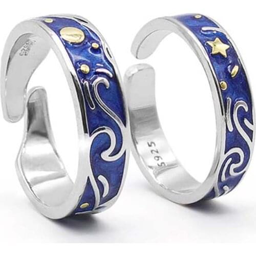 Van Gogh Starry Sky Couple Ring for Women Men Blue Open Adjustable Moon Star Romantic Jewelry Accessories Anniversary Gift