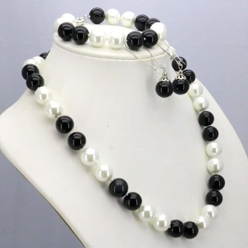 Wholesale!Black&white glass pearl necklace set 12mm necklace 18"bracelet 7.5" earring women fashion jewelry making design