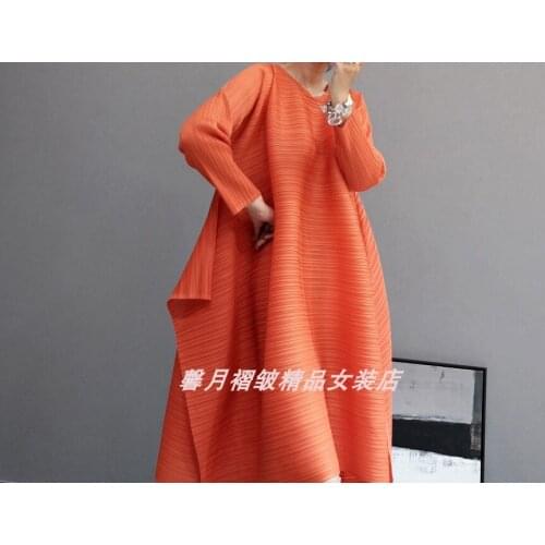 HOT SELLING Miyake fashion solid fold o-collar long sleeve big A-Line dresses IN STOCK