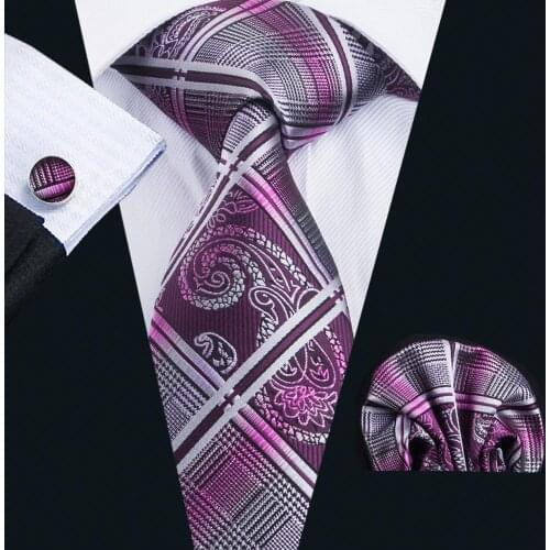 LS-1650 Barry.Wang 2017 Men`s Tie Set Silk Gravata Purple Plaid Necktie Hanky Cufflinks For Wedding Business Party Free Shipping