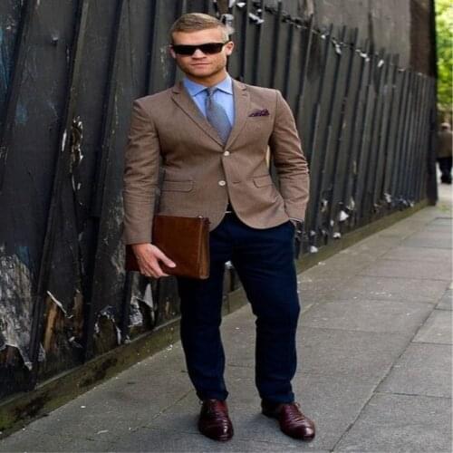 New Arrival Italian Man Suit Brown Blazer Navy Blue Pants Casual Male Tuxedos 2 Pieces Slim Fit Mens Wedding Prom Party Suits