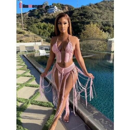 2021 Beach Summer 2 Piece Set Women Outfits Tassel Hollow Out Cover-Ups Sexy Two Piece Set Spaghetti Strap Top and Long Skirt