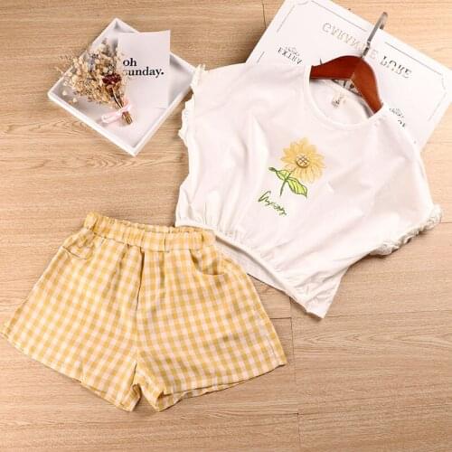 2019 New Baby Girl Summer Clothing Set sunflower Tees Shirts+Plaid Shorts,Girls Kids Casual Clothes Children overwear