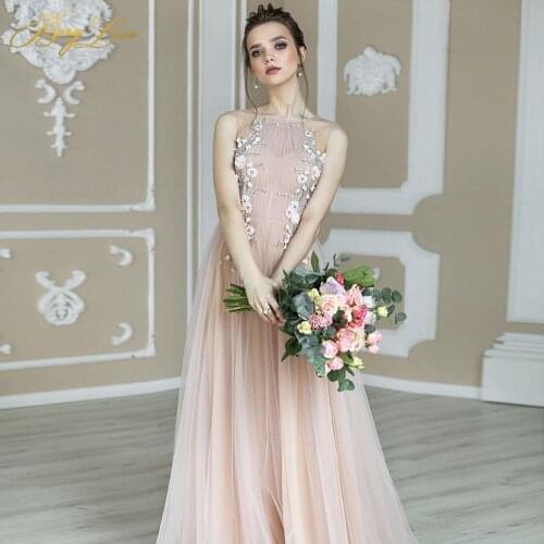 Flower Prom Dresses Illusion Neckline Sleeveless Button Back Tulle Prom Dress Blush Pink/Blue Floor Length Robe de soiree