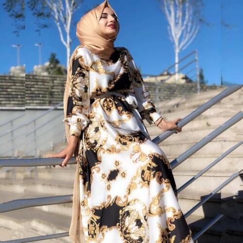 Hot Sell Satin muslim Dress Floral Printed Smooth Silky Elegant Long Dresses Muslim Women Modest Wear Clothing EID robes F2807