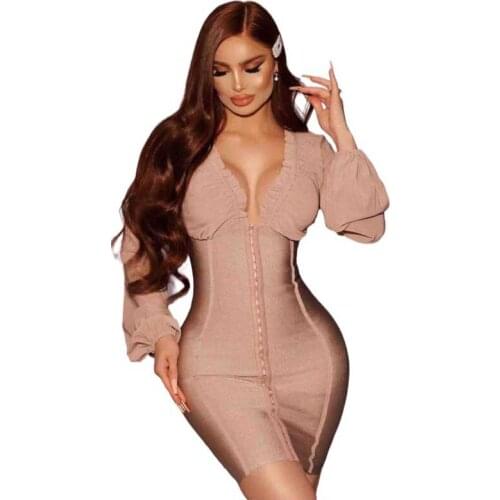 Free Shipping Wholesale Womens Dress Elasticity Khaki Mesh Long Sleeves V-Neck Sexy Celebrity Cocktail Party Bandage Dress