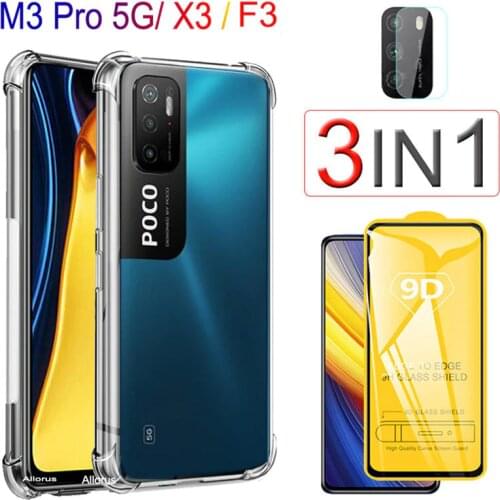 Poco X3Pro Cover,Tempered Glass+Airbag Case for Xiaomi Poco-X3-Pro Poco-F3 Full Cover Clear Pocophone F3/M3/X3 Pro Silicone Case