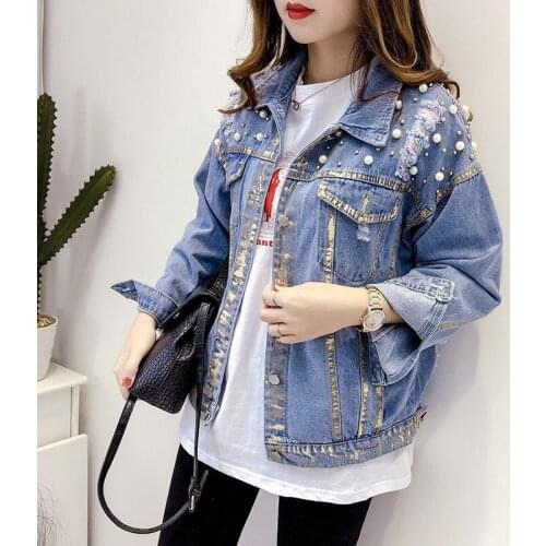 Casual Spring Long Sleeve Single Breasted Womens Denim Jackets Korean Vintage Lapel Embroidered Flares Hole Ripped Loose Coats