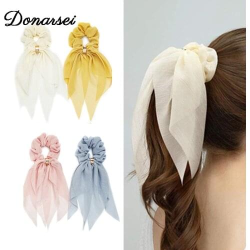 Simple Gauze Elastic Hair Band For Women Solid Color Hair Scarf Bowknot Rubber Ponytail Holder Girls Hair Ties Hair Accessory