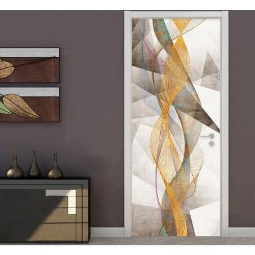 PVC Door Sticker Modern Simple Geometric Gold Lines Mural Wallpaper Living Room Bedroom Self-Adhesive Waterproof 3D Wall Sticker