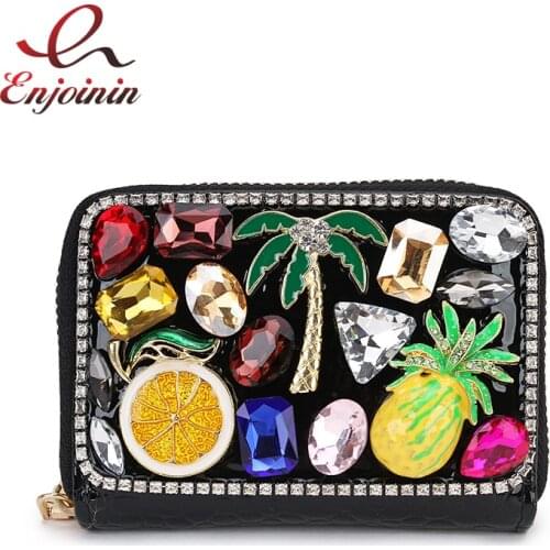 Luxury Diamond Fruit Flower Red Lips Pu Women Purse Card Holder Purse Leather Zip Wallet Coin Card Holder Card Female Clutch Bag