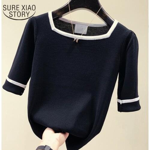 Shirts Woman Summer New Fashion Chic Square Collar Shirt Women Thin Knitted Blouse Shirt Short Sleeve Pullover Tops Femme 13405