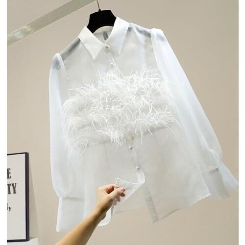 European Spring New Ostrich Feather Tassel Stitching Lapel Single Breasted Organza Perspective Sexy Long-sleeved Shirts Women