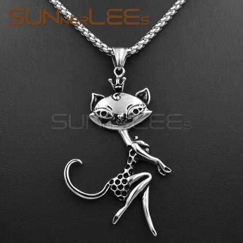 SUNNERLEES Stainless Steel Pendant Necklace Link Chain Punk Lady Cat For Mens Womens SP42