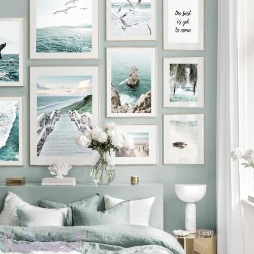 Light Blue Seaview Poster Diving Whale Palm Leaf Bridge Seagull Sea Wave Canvas Painting Nordic Wall Art Pictures for Room