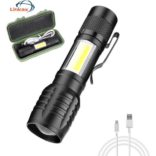 Led flashlight torch rechargeable usb charging lantern tactical flashlights hunting xpe+cob lanterna work lamp with storage case