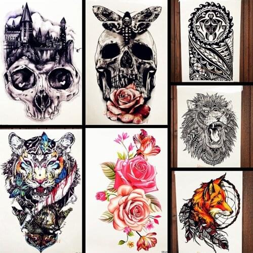 Black Death Pirate Temporary Tattoo Stickers Men Body Arm Art Tatoo Sleeve Skull Castle Ruins Waterproof Fake Flash Tattoo Women